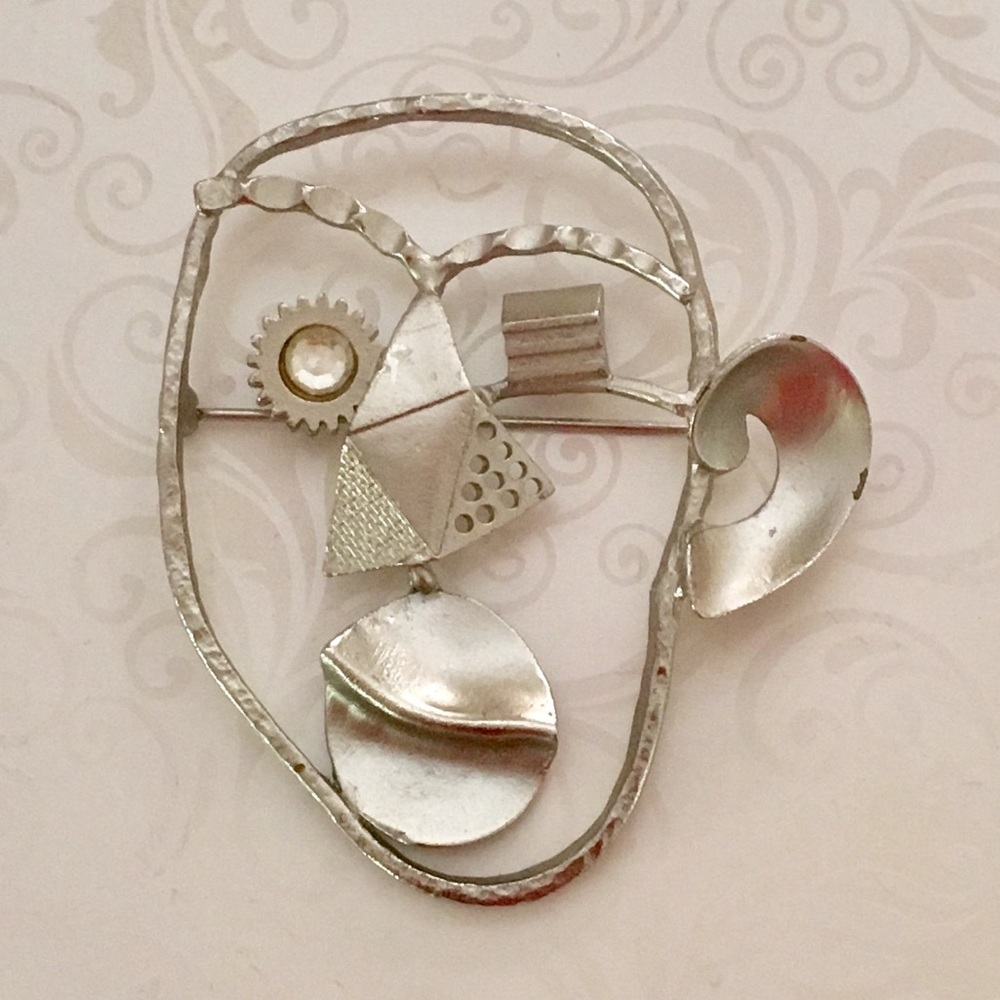 Industrial Boho Cubist Style Face Pin Brooch